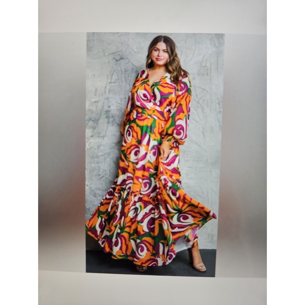 NWOT Flying Tomato Multicolor Lined Long Sleeve V-Neck Maxi Dress, Plus Sz. 2X